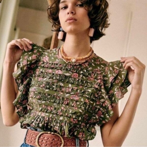 Sezane Melia Blouse - Size EU 40 (US 8), Olive Floral with Ruffles - Picture 2 of 7